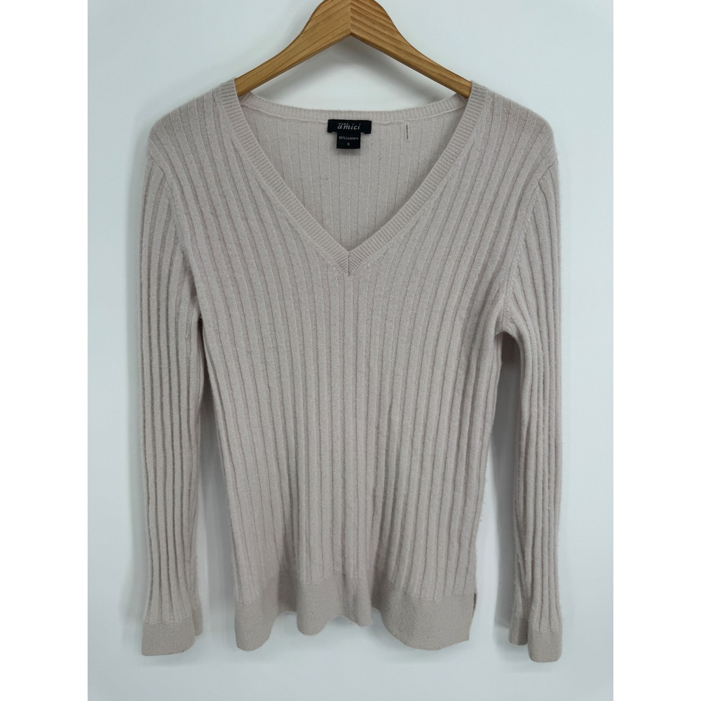 Pure Amici Cashmere Sweater Womens S V-Neck Ribbed Knit Luxury Staple Sot Girl